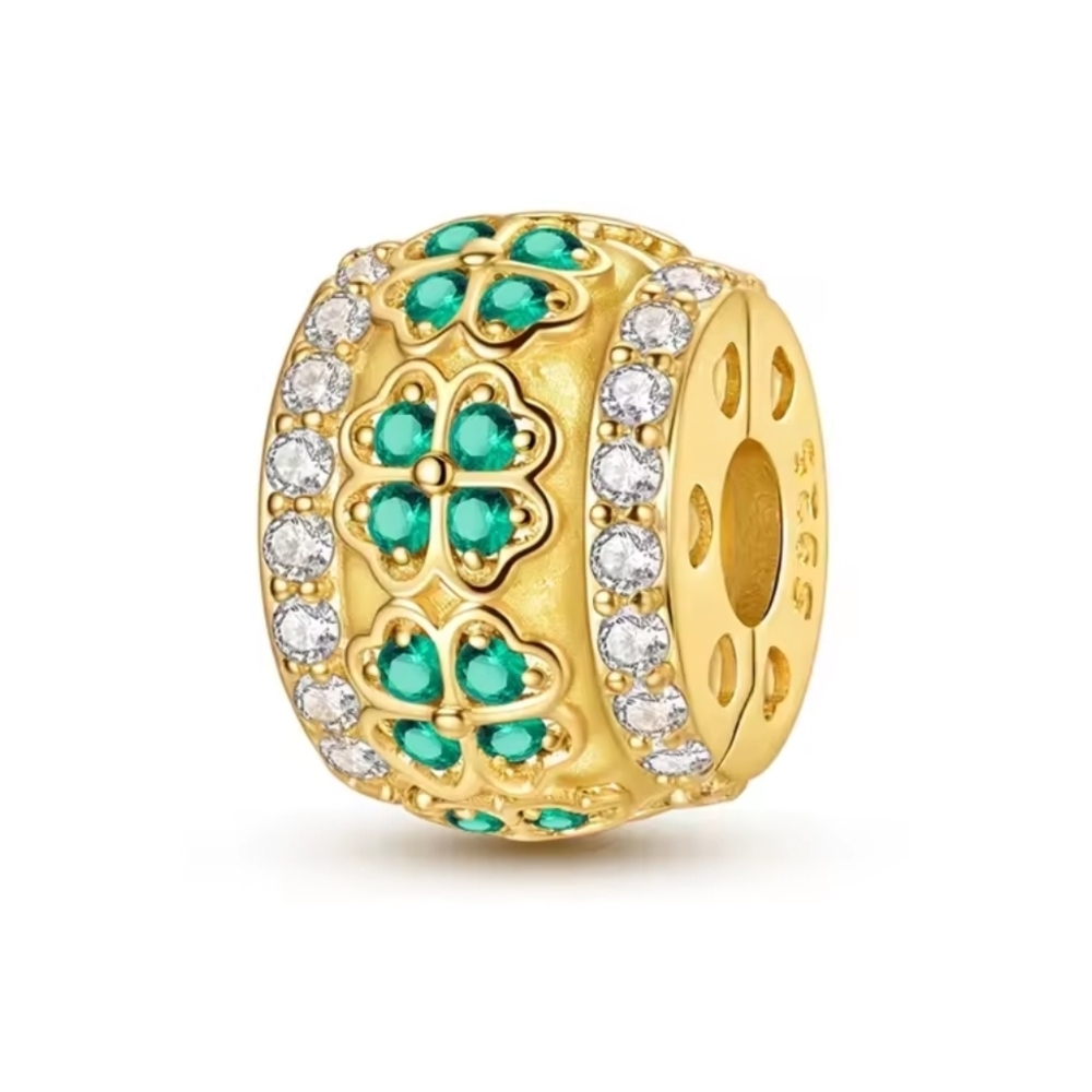 Gold Emerald Green Clover Diamond Charm Bead Sterling Silver 925 Irish